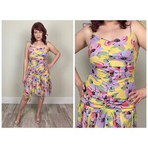 Vintage Y2K BETSEY JOHNSON Sleeveless Floral Pastel Ruched Drop Waist Dress